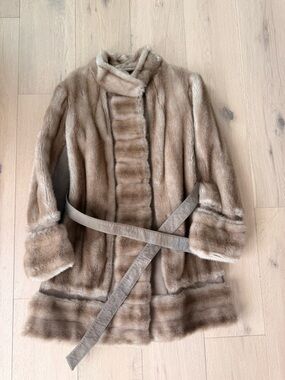Vintage 70s Tissavel Faux Mink Fur Coat Belted Size 14 ILGWU Union Made leather